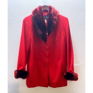 Terry Lewis Classic Luxuries Women Small Red Faux Fur Collar Cuff Blazer Jacket
